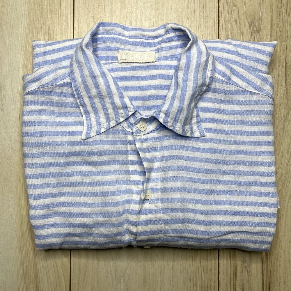 CP Shades 100% Linen Blue White Striped Button Up Shirt Mens Size Medium